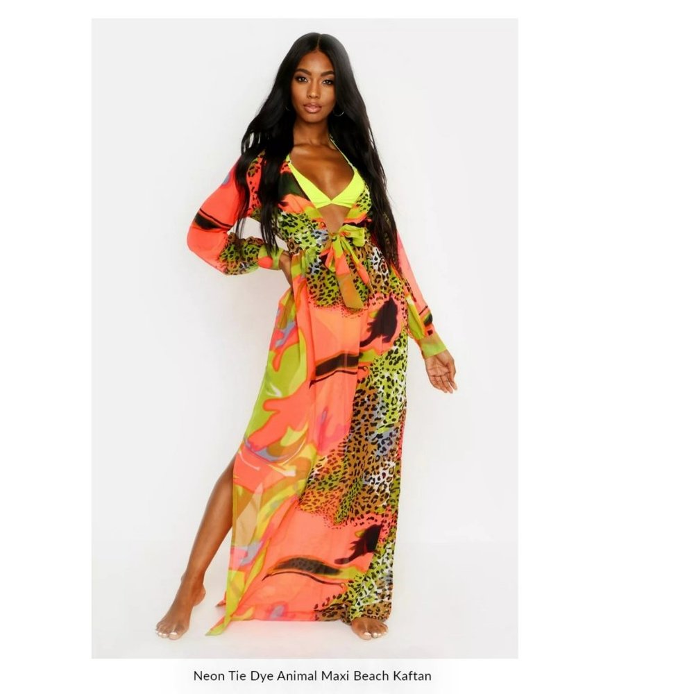 NWT boohoo NEON TIE DYE ANIMAL MAXI BEACH KAFTAN Green M